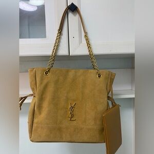 Yves Saint Laurent Camel Suede Tote with Gold Accents